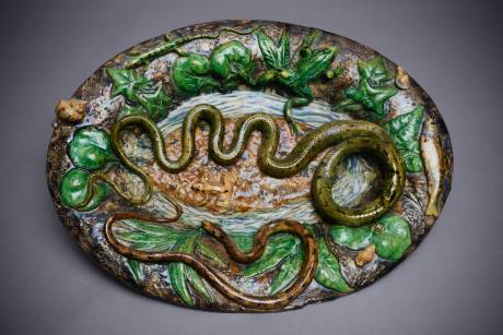 GORAS - RENOLEAU, Oval dish with snake and eel in ceramic slip