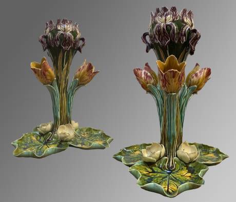 Faïencerie d'Onnaing, Paire de tulipières en céramique polychrome